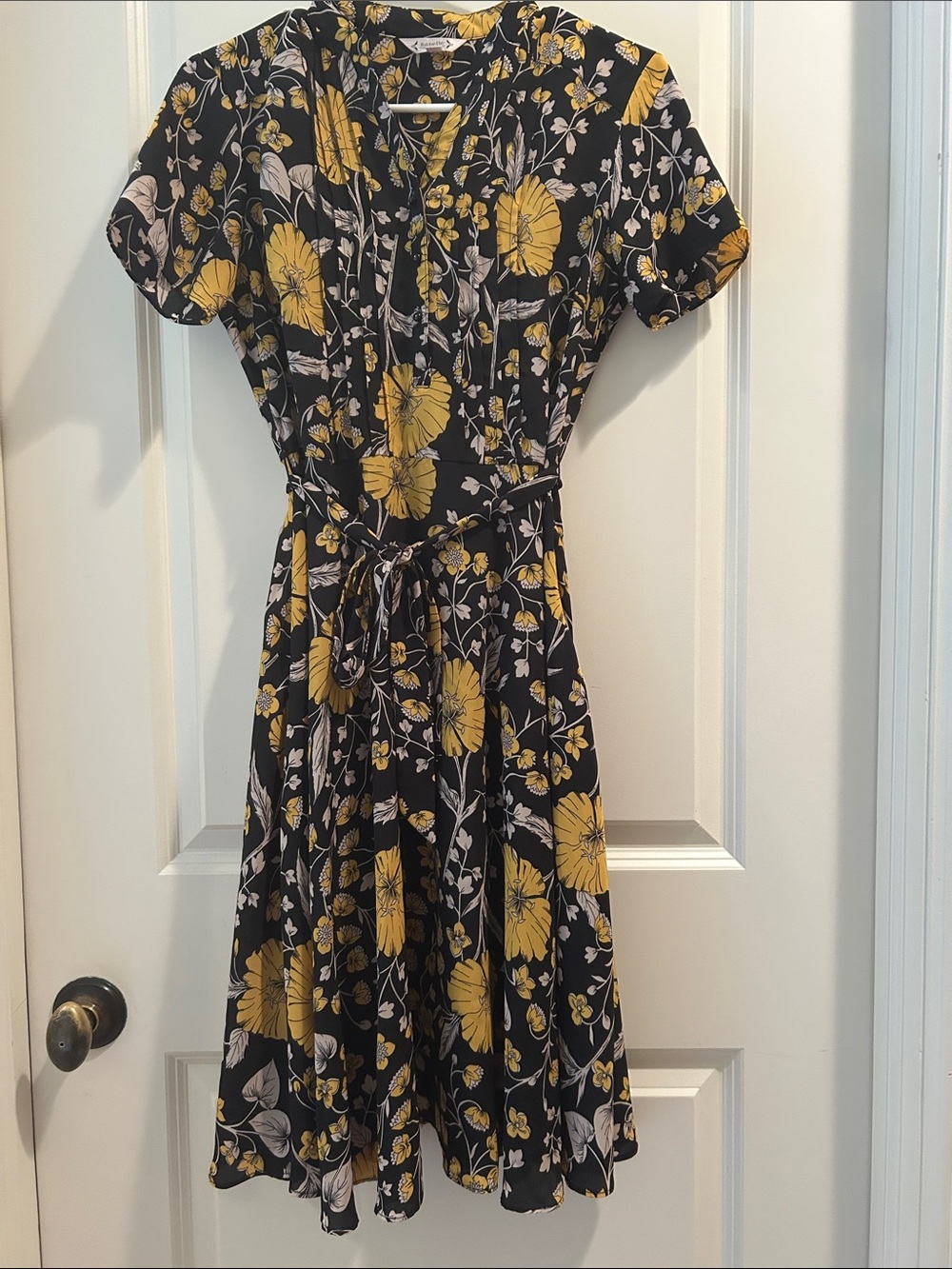 Nanette Lepore Black&Yellow Floral Short-Sleeve Waist Tie Dress side zip size 2
